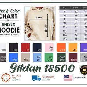 以下が含まれることがあります： ユニセックスのパーカーのサイズとカラーチャート。インチ単位の測定値。Sから5XLまでのサイズの胸囲と着丈の測定値が含まれています。カラーオプションには、白、黒、赤、ネイビーなどがあります。Gildan 18500パーカーは米国製です。