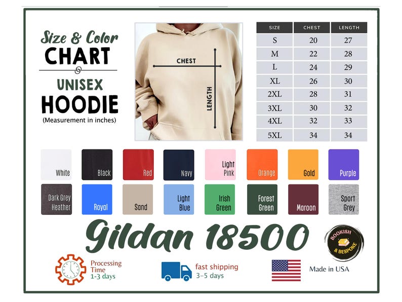以下が含まれることがあります： ユニセックスのパーカーのサイズとカラーチャート。インチ単位の測定値。Sから5XLまでのサイズの胸囲と着丈の測定値が含まれています。カラーオプションには、白、黒、赤、ネイビーなどがあります。Gildan 18500パーカーは米国製です。