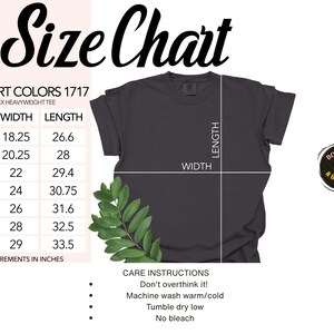 Puede incluir: Tabla de tallas para una camiseta unisex de peso pesado en Comfort Colors 1717. La tabla muestra las medidas de ancho y largo en pulgadas para las tallas S a 4XL.