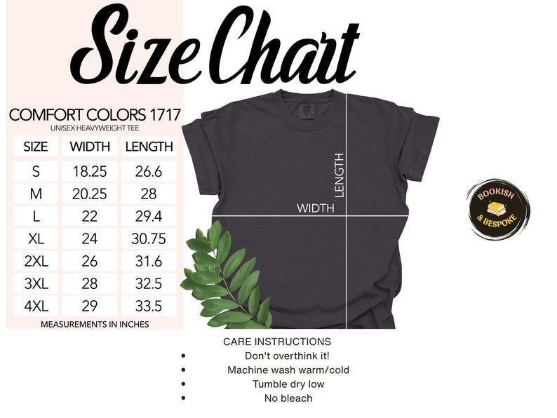 Puede incluir: Tabla de tallas para una camiseta unisex de peso pesado en Comfort Colors 1717. La tabla muestra las medidas de ancho y largo en pulgadas para las tallas S a 4XL.