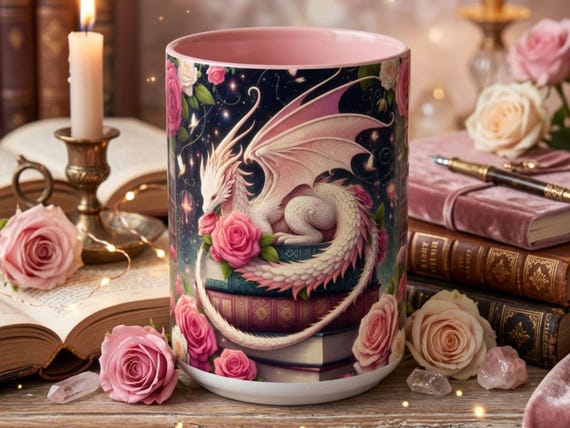 Romantasy Dragon Mug, Fantasy Book Lover Gift, Pink Dragon Coffee Cup, Cozy Reader Mug, Wrapped Around Library Mug, BookTok Gift