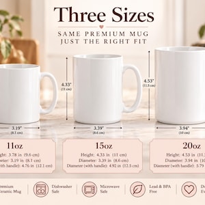 K&ouml;nnte beinhalten: Drei wei&szlig;e Keramikbecher in den Gr&ouml;&szlig;en 11oz, 15oz und 20oz. Text: Three Sizes, Same Premium Mug Just The Right Fit. Abmessungen: 11oz ist 9,6 cm hoch, 15oz ist 11 cm hoch und 20oz ist 11,5 cm hoch. Sp&uuml;lmaschinen- und mikrowellengeeignet.
