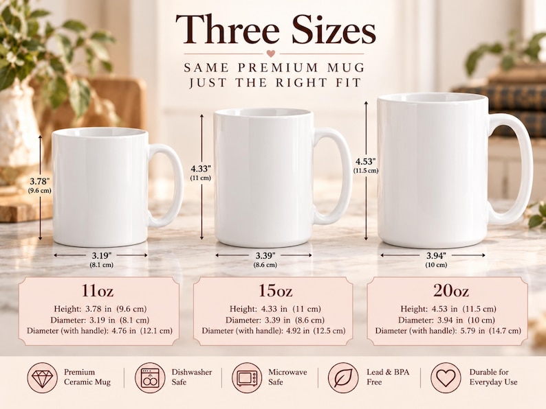 K&ouml;nnte beinhalten: Drei wei&szlig;e Keramikbecher in den Gr&ouml;&szlig;en 11oz, 15oz und 20oz. Text: Three Sizes, Same Premium Mug Just The Right Fit. Abmessungen: 11oz ist 9,6 cm hoch, 15oz ist 11 cm hoch und 20oz ist 11,5 cm hoch. Sp&uuml;lmaschinen- und mikrowellengeeignet.