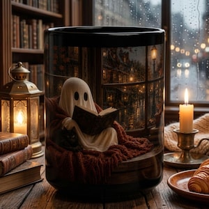 May include: A black ceramic mug featuring a printed illustration of a white ghost draped in a blanket reading a book while sitting in a chair. The scene depicts a rainy window view, a dark room, and a small black cat beside the ghost.