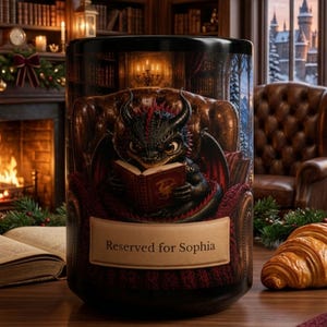 May include: A black ceramic mug featuring a detailed illustration of a small black dragon with red accents sitting in a leather armchair and reading a book. A rectangular label on the front of the mug displays the text Reserved for Sophia.