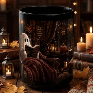 May include: A black ceramic mug featuring a printed illustration of a white ghost sitting in a brown armchair, reading a book, wrapped in a brown knit blanket. The text on the print reads: Books, blankets, tea, autumn magic. The design includes pumpkins and lanterns.