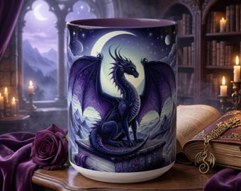 Fioletowy kubek fantasy z smokiem, kubek do kawy z księżycowym smokiem, prezent dla miłośnika książek