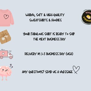 以下が含まれることがあります： 黒いハートのデザインのライトピンクのスウェットシャツ、包まれたパッケージ、ハートの配達トラック。テキストには「暖かく、柔らかく、高品質のスウェットシャツとパーカー」と書かれています。また、「あなたの素晴らしいシャツは翌営業日に発送する準備ができています。」