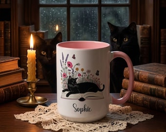 Personalized Black Cat Mug, Bookish Floral Coffee Cup