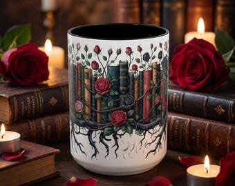 Dark Academia Floral Book Stack Mug Gothic Reader Gift