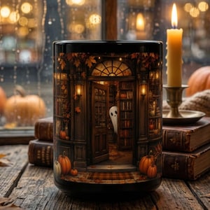 May include: A black ceramic mug featuring a detailed wrap-around illustration of a cozy library interior with a small white ghost peeking from behind a wooden door, surrounded by autumn leaves, pumpkins, and warm golden lighting.