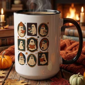 Söt spökläsarmugg, Halloween-present till bokälskare, mysig höstkaffekopp, läskig läsmugg, bokmalshöstdekoration, läsarpresent