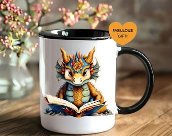 Dragon Reading Book Mug, Fantasy Lover Gift, Cozy Bookworm Coffee Mug