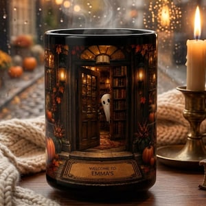 May include: A black ceramic mug featuring a detailed illustration of a library entrance with a small white ghost peeking from behind a bookshelf. The design includes pumpkins, autumn leaves, and a doormat with the text Welcome to Emma's.