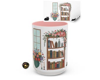 Black Cat Floral Bookshelf Mug, Cozy Reader Gift