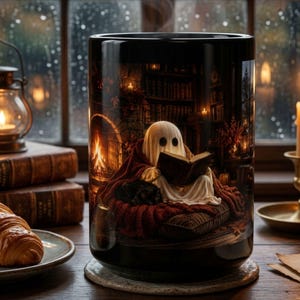 May include: A black cylindrical mug featuring a printed illustration of a white ghost wrapped in a red blanket, reading a book in a library with a fireplace. The mug sits on a circular coaster, surrounded by a croissant, books, and candles.