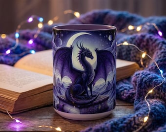 Purple Dragon Fantasy Mug, Moonlit Dragon Coffee Cup, Gift for Book Lover