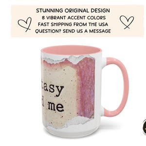 May include: White ceramic mug with a pink interior and handle. The mug features a design with the words "Fantasy and me" and a torn paper effect. The text "STUNNING ORIGINAL DESIGN" and "8 VIBRANT ACCENT COLORS" are also visible.