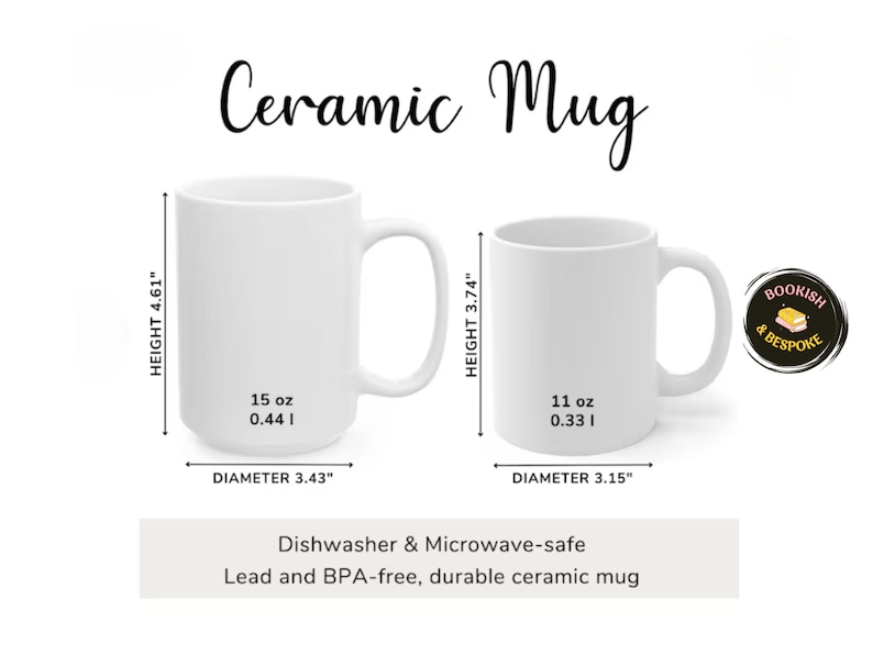 May include: Two white ceramic mugs are displayed, one taller than the other. The larger mug is 4.61 inches tall with a 3.43-inch diameter, holding 15 oz. The smaller mug is 3.74 inches tall with a 3.15-inch diameter, holding 11 oz. Text reads "Ceramic Mug."
