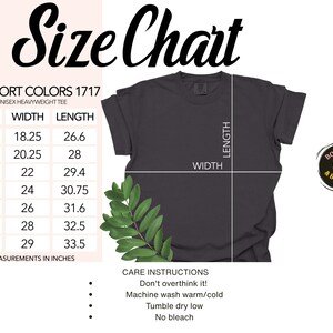 Peut inclure: Un t-shirt unisexe Comfort Colors 1717 gris fonc&eacute; avec un tableau des tailles. Le tableau indique les tailles S &agrave; 4XL avec les mesures de largeur et de longueur en pouces. Des instructions d'entretien sont &eacute;galement incluses.