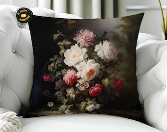 Vintage Floral Roses Pillow Cover – Dark Academia Botanical Art