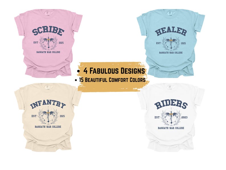 Puede incluir: Cuatro dise&ntilde;os diferentes de camisetas con un logotipo de estilo vintage con una espada y una corona. Cada camiseta tiene un nombre diferente: Scribe, Infantry, Healer y Riders. El texto "EST" y "2025" est&aacute;n incluidos en cada camiseta. Las camisetas son todas de diferentes colores: rosa, beige, azul claro y blanco.