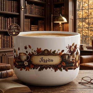 Può includere: Una tazza da latte in ceramica bianca da 739 ml con un'illustrazione autunnale di foglie, libri, un gatto e una lanterna. Il centro del design presenta un'etichetta rettangolare con il nome Jessica stampato in corsivo nero.