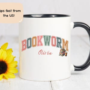 Personalized Bookworm Mug with Name | Cute Book Lover Gift for Readers | Custom Coffee Cup with Books | Unique Reading Gift Idea, Booktoker