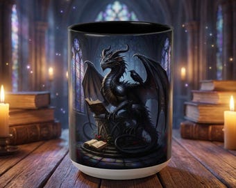 Gothic Dragon Library Mug, Dark Academia Fantasy Design, Wrapped Book Lover Coffee Cup