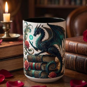 Dragon Book Mug • Fantasy Reader Gift • Turquoise Dragon Art