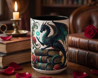 Dragon Book Mug • Fantasy Reader Gift • Turquoise Dragon Art