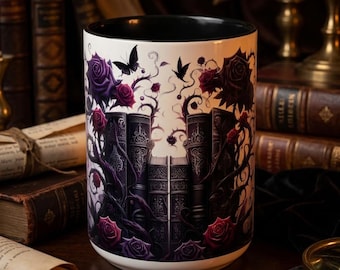 Gothic Rose Book Stack Mug Dark Academia Reader Gift
