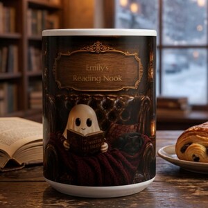 Personalisierte Leseecke-Tasse, Geisterleser-Tasse, individuelles Geschenk für Bücherliebhaber, gemütliche Winterlesetasse