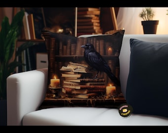 Dark Academia Raven Pillow, Gothic Bookstack Decor for Readers & Moody Spaces