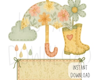 Spring Umbrella Rain Boots PNG | Floral Rain Clipart Digital Download | Watercolor April Showers Sublimation | Cute Spring Label Art