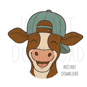 Cool Cow PNG – Funny Farm Animal with Backwards Hat | Sublimation Clipart for Country Shirts, Stickers and Farmhouse Decor