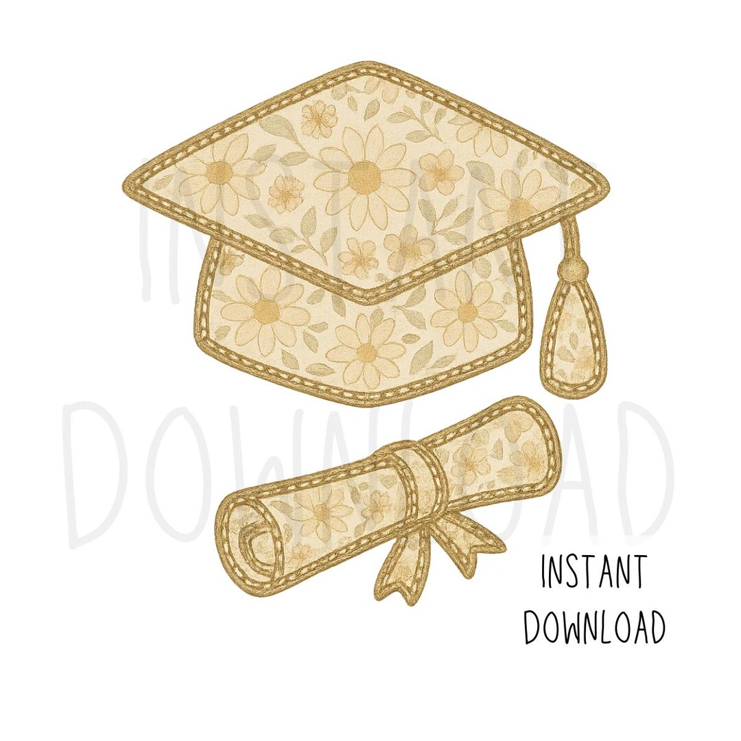 Vintage Floral Graduation Cap & Diploma PNG | Gold Boho Daisy Grad ...