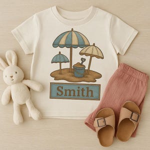 Boys Beach Umbrella Name Shirt, Toddler Summer Vacation Tee, Personalized Sand Pail Design, Custom Boy Beach Shirt, Sublimation PNG