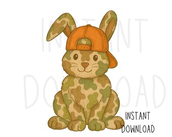 Camo Bunny PNG – Coelho fofo com chapéu laranja vista frontal | Clipart de caça de Páscoa para sublimação, design de camisa infantil, primavera rústica para download