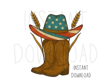 Western Patriotic Cowboy Boots & USA Flag Hat PNG – Country Sublimation Clipart | Rustic Farm Americana Digital Download