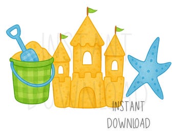 Castillo de arena de playa PNG (Imágenes prediseñadas de cubo de arena de verano, estrella de mar, juguete de playa) - Lindo archivo de sublimación para camisetas y manualidades infantiles