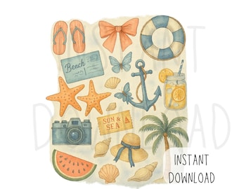 Watercolor Beach Clipart PNG | Summer Vacation Sublimation Bundle | Coastal Boho Beach Elements | Digital Download for Crafts