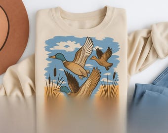Stampa vintage di anatra selvatica – Arte murale retrò sulla fauna selvatica, decorazione rustica della natura, opera d'arte di una capanna per la caccia alle anatre, illustrazione di uccelli acquatici in stile xilografia