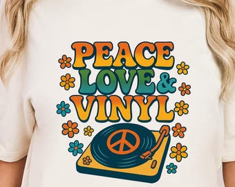 Chemise en vinyle rétro pour femmes, T-shirt Groovy des années 70, Hippie Music Lover Geschenk für Sie, Turntable Fan, Boho Sommer Outfit, Peace Flower Top