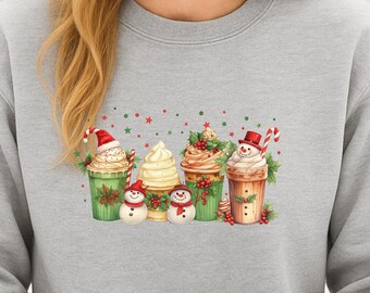 Weihnachtspullover Schneemann Kaffeebecher, Sudadera navideña para mujer, Süßes Weihnachtsdesign mit Getränken und Sahne , Geschenk für Sie