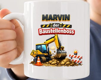 Baustelle Tasse personalisiert Name Kind, Bagger Geschenk, Baustellenboss Emaille Becher, Geschenkidee Junge Geburtstag, Kindertasse