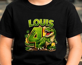 Dino Kinder T Shirt personalisier Name Alter, Kinder Shirt Dinosaurier Motiv individuell Wunschname Geburtstag Geschenk Junge Saurier T-Rex