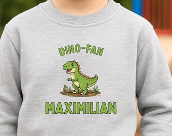 Dino-Fan Kinderpullover personalisiert Name – Kinder Sweatshirt mit Dinosaurier Motiv – Geschenk für Dino Fans Kinder Geburtstag Junge
