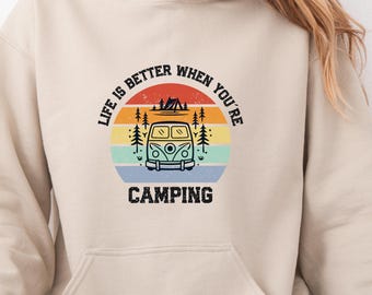 Sweat à capuche de camping Erwachsene, Retro Camper Van Motiv, Outdoor Campen Geschenk, Vanlife Hoodie für Naturfans Geschenkidee Zelten Damen Herren