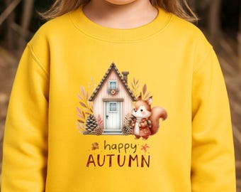 Sweat-shirt Kinder Herbst – Pull Happy Autumn mit süßem Eichhörnchen und Haus Motiv – Niedliches Herbst-Outfit für Mädchen & Jungen
